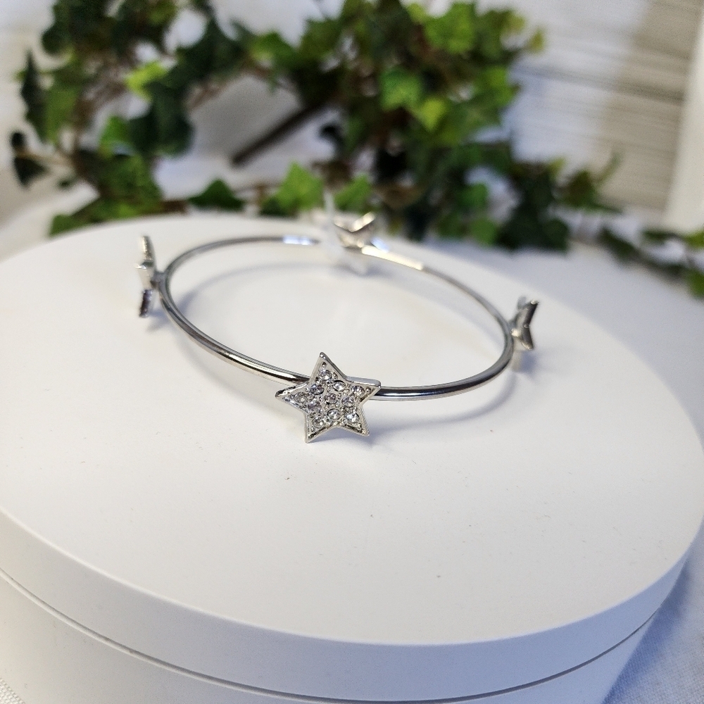 Silver Steel Bangle Bracelet with Stars Pave Crystals
